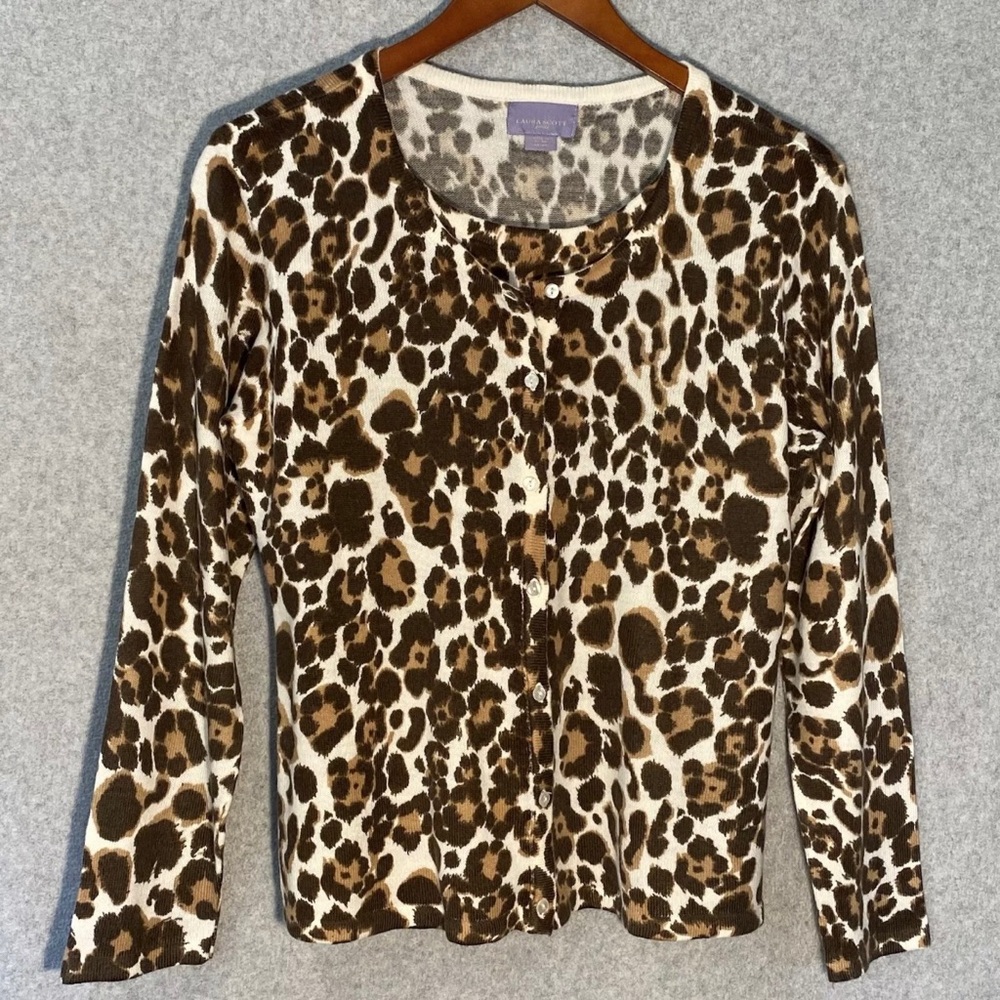 Laura Scott Layered Animal Pattern Sweater Attached Cardigan Size Medium Petite